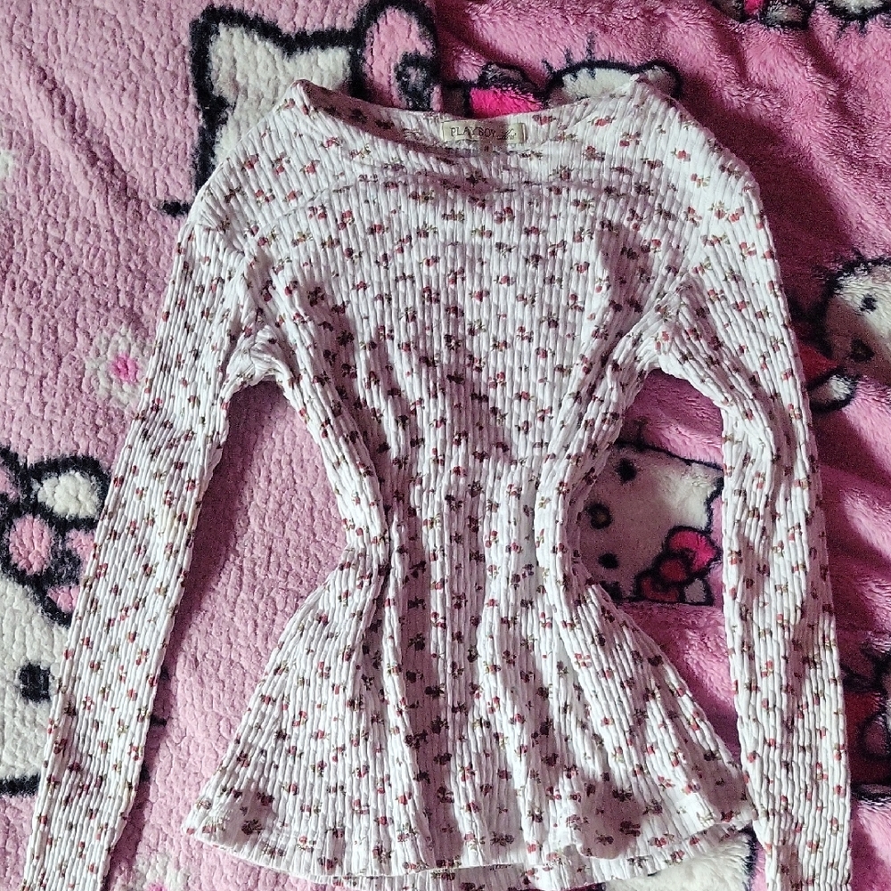 PLAYBOY White Ribbed Top with Pink Floral Print size medium